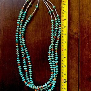 Turquoise & coral 3 strand necklace. 26” Available until 12/14/24.